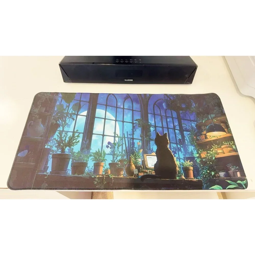 Moonlit Greenhouse Cat Extended Mouse Pad